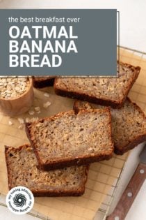 Several slices of oatmeal banana bread arranged on a wire cooling rack. Text overlay includes recipe name.