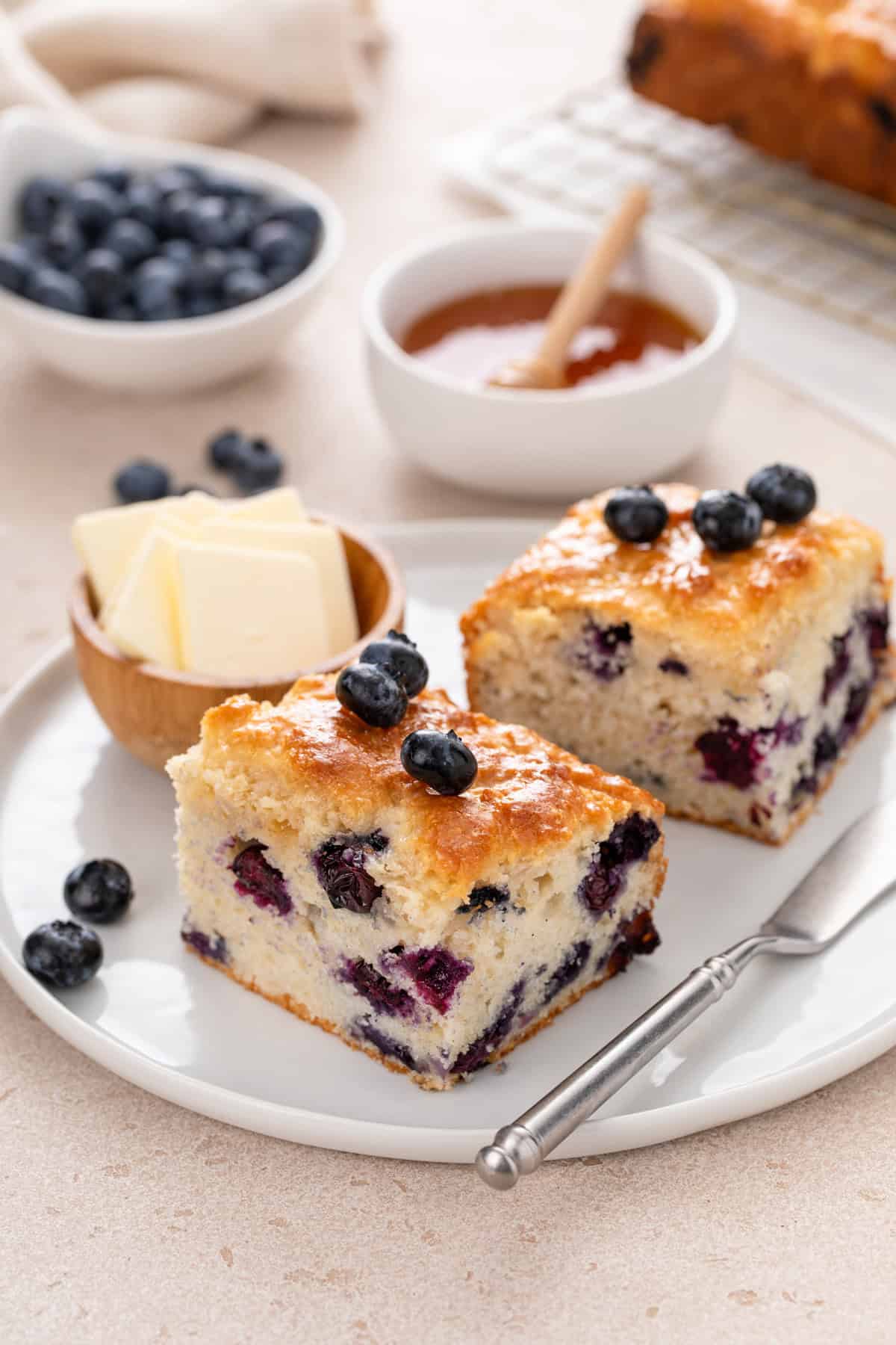 White plate holding two blueberry biscuits next to a small bowl of butter.