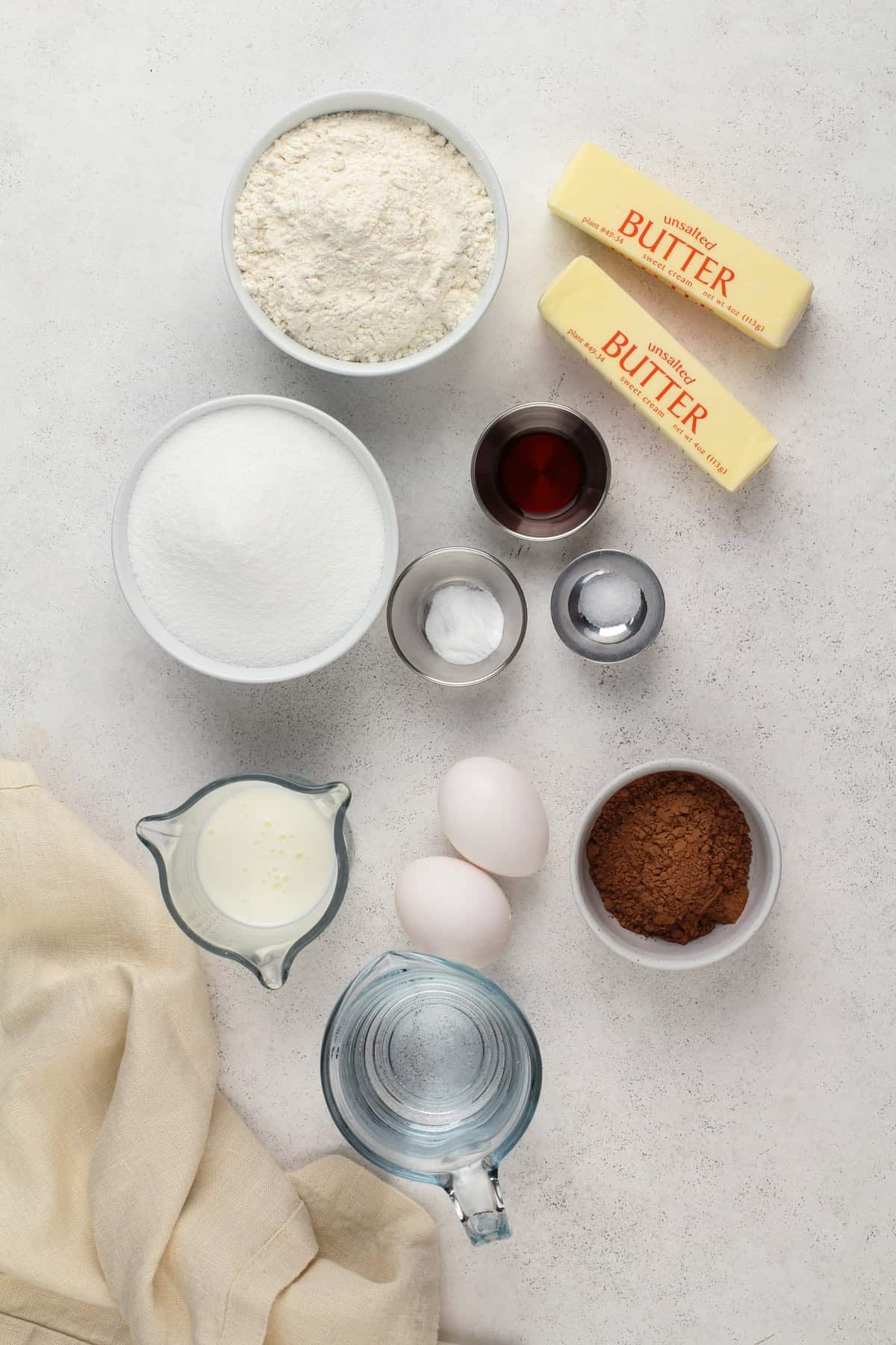 Texas sheet cake ingredients arranged on a countertop.