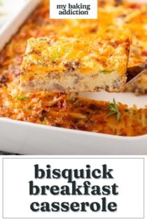 Metal spatula holding up a slice of bisquick breakfast casserole above a casserole dish. Text overlay includes recipe name.