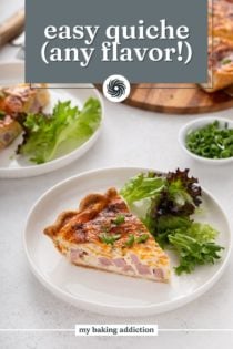 Two white plates, each holding a slice of easy quiche next to salad greens. Text overlay includes recipe name.