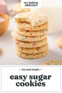 Stack of 7 easy sugar cookies with nonpareil sprinkles. The top cookie has a bite taken out of it. Text overlay includes recipe name.