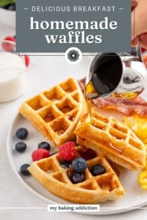 Syrup being drizzled over homemade waffles on a white plate. Text overlay includes recipe name.