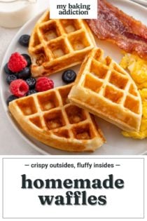 Homemade waffles on a white plate next to eggs and bacon. Text overlay includes recipe name.