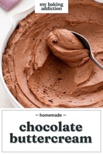 Spoon being run through a bowl of chocolate buttercream frosting. Text overlay includes recipe name.