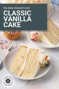 Two white plates, each holding a slice of vanilla layer cake. Text overlay includes recipe name.