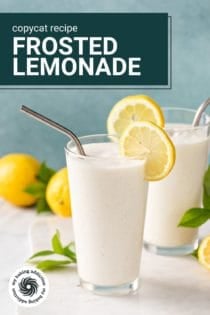 Two glasses of frosted lemonade on a marble countertop. Text overlay includes recipe name.