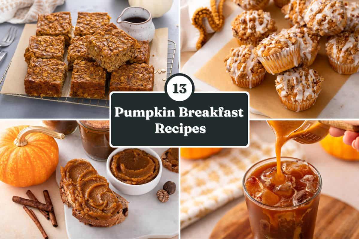 Collage of 4 pumpkin breakfast recipes with the words 