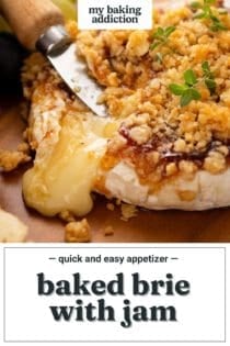 Knife in a wheel of baked brie with jam. Text overlay includes recipe name.