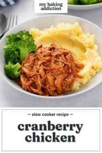 Cranberry chicken plated with mashed potatoes and broccoli. Text overlay includes recipe name.
