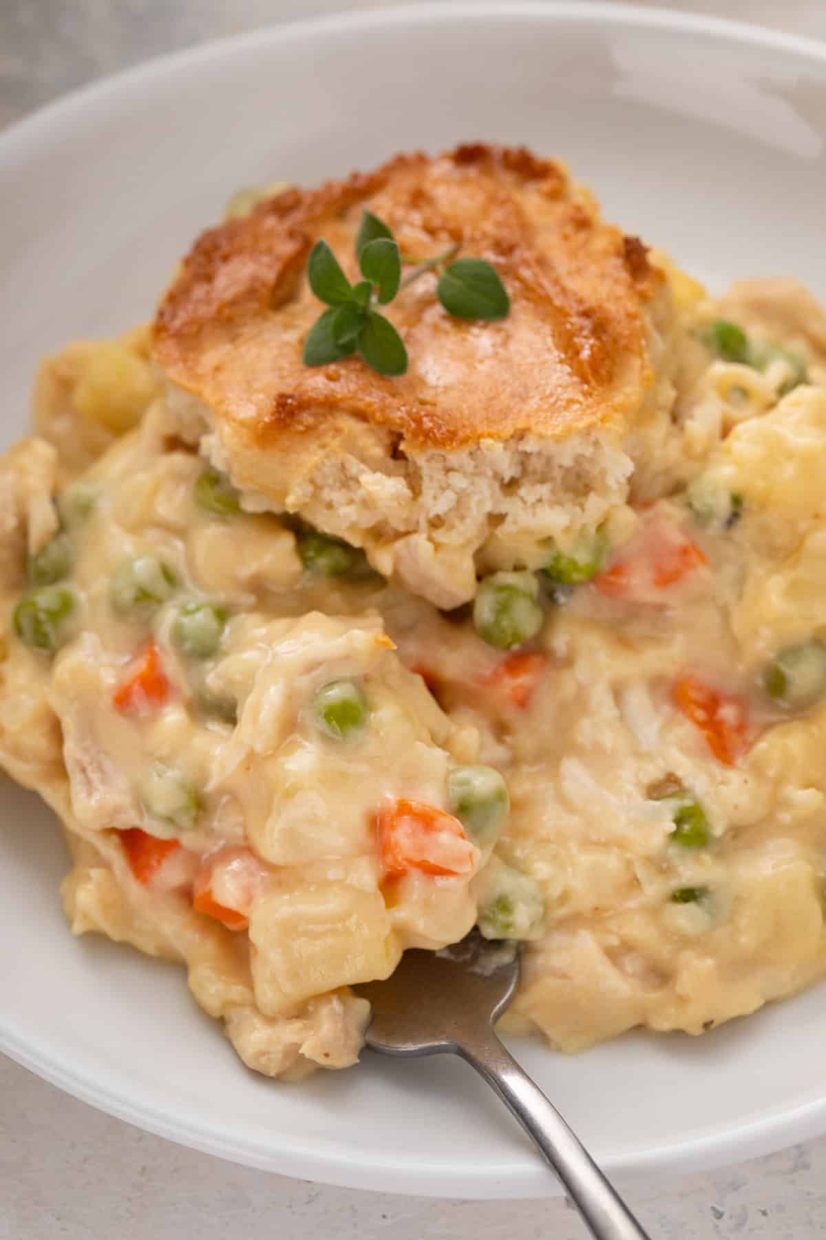 Close up of a serving of bisquick chicken pot pie on a white plate.
