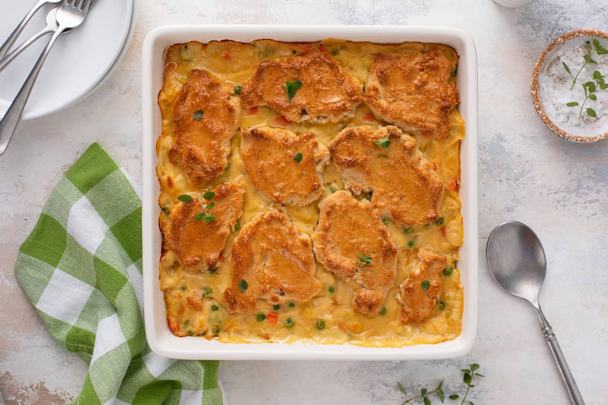 Overhead view of bisquick chicken pot pie cooling on a countertop.
