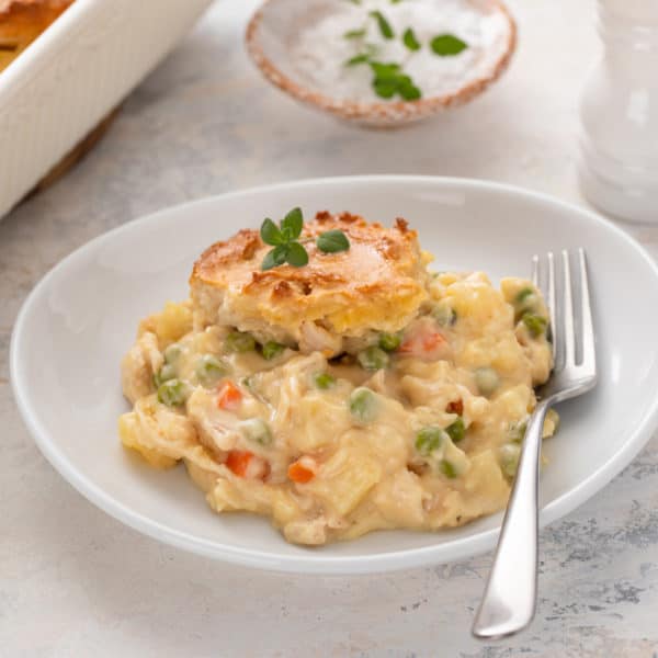 Serving of bisquick chicken pot pie on a white plate.