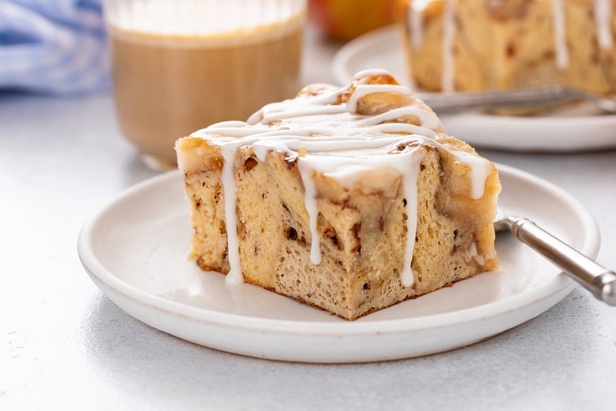 Plated serving of cinnamon roll casserole.