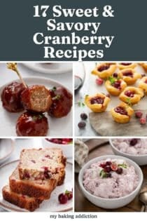 Collage of 4 cranberry recipe photos. Text overlay includes post title.