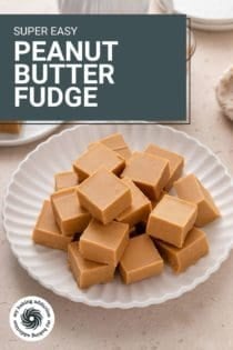 Squares of peanut butter fudge arranged on a white plate. Text overlay includes recipe name.