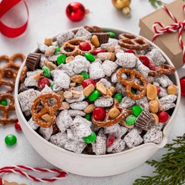 Reindeer chow in a white bowl.