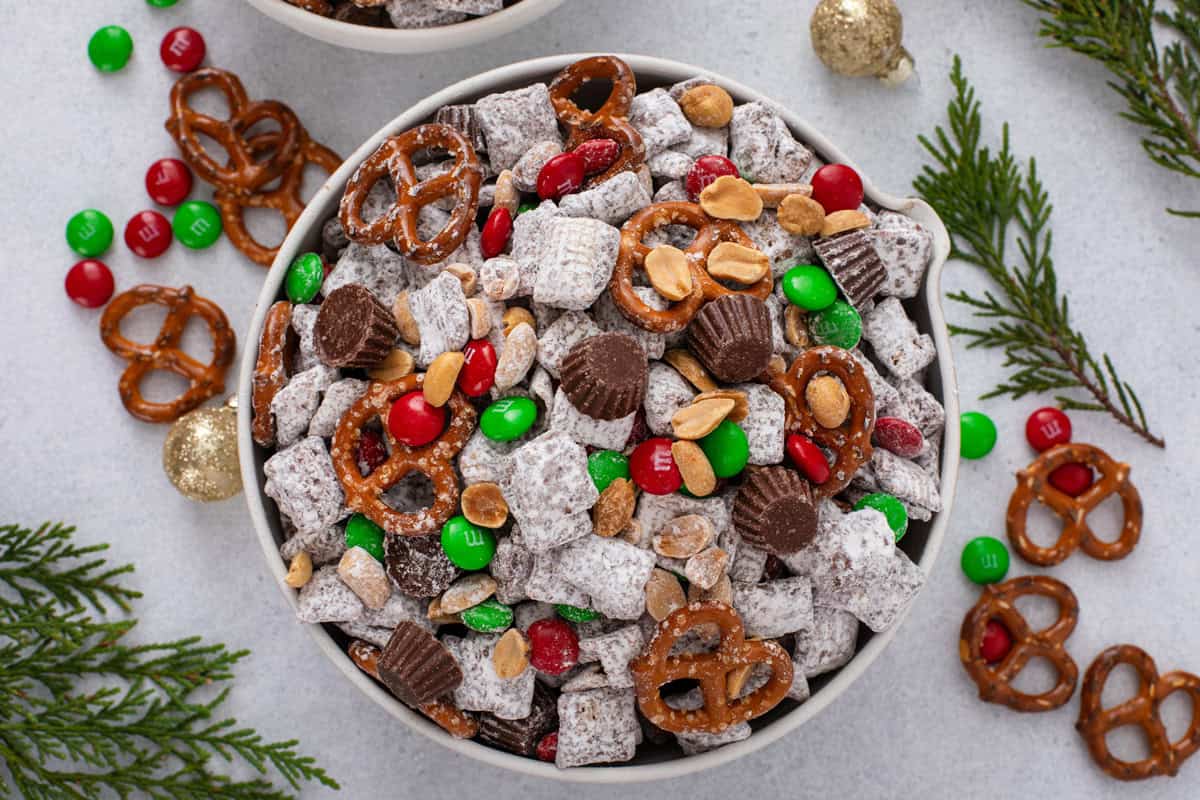 Overhead view of reindeer chow in a white bowl.