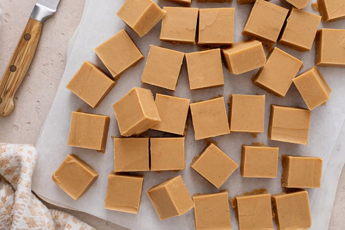 Peanut butter fudge cut into squares.