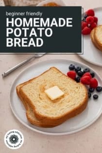 White plate with two slices of toasted potato bread next to fresh berries. Text overlay includes recipe name.