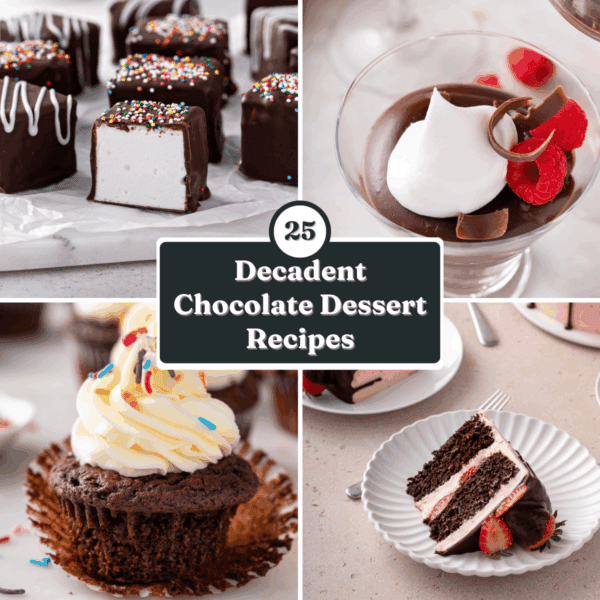 Collage of four chocolate desserts with the text "25 decadent chocolate dessert recipes" overlaid.