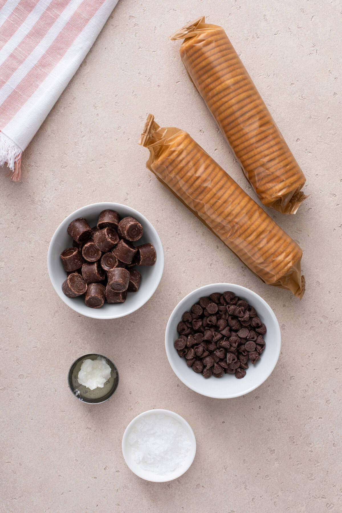 Ingredients for rolo ritz cracker cookies arranged on a countertop.
