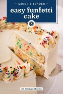 Cake server removing a slice of funfetti layer cake from the cake. Text overlay includes recipe name.