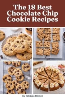 Collage of 4 chocolate chip cookie recipe images. Text overlay includes post name.