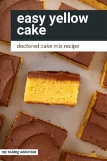 Sliced yellow sheet cake topped with chocolate frosting. One slice in the center is turned on its side. text overlay includes recipe name.