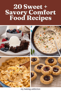 Collage of four sweet and savory comfort food recipes. Text overlay includes post title.