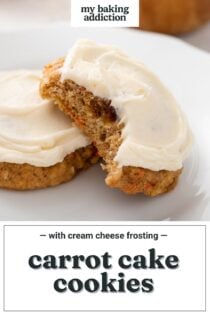 Two frosted carrot cake cookies on a white plate, with a bite taken from one of them. Text overlay includes recipe name.