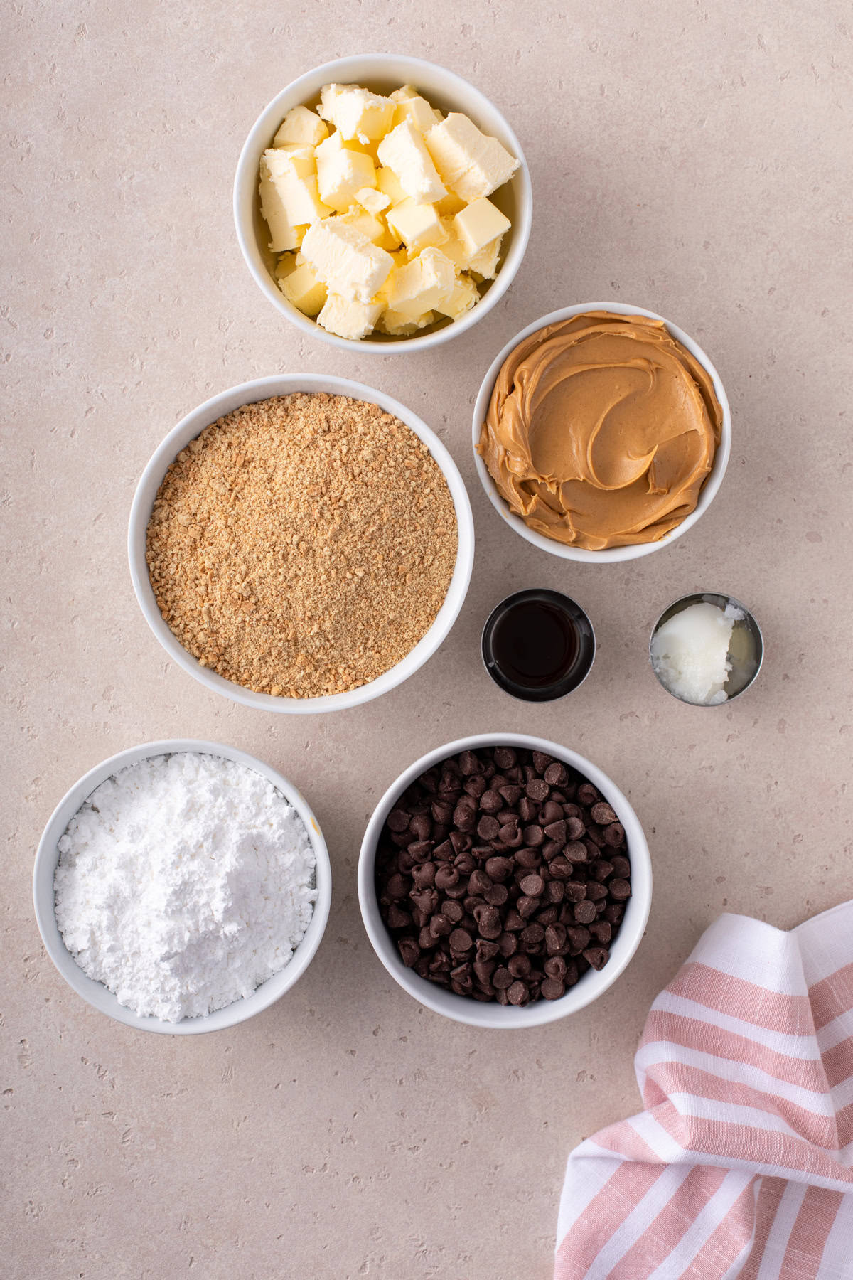 Ingredients for lunch lady peanut butter bars arranged on a countertop.