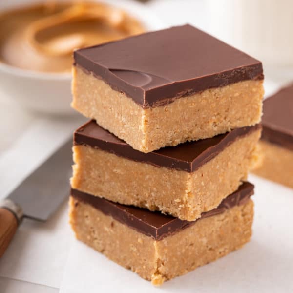 Three stacked lunch lady peanut butter bars.