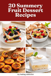 College of 4 images of fruit desserts: fruit pizza, fruit salsa, banana cream bars, and grilled peaches. Text overlay includes post name.