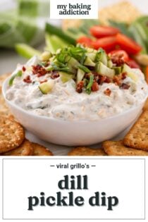 Side view of a white bowl filled with Grillo's pickle dip. Text overlay includes recipe name.