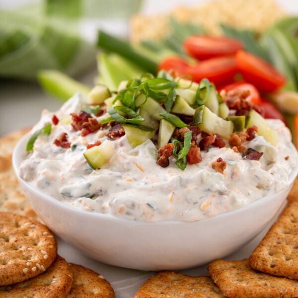 White bowl filled with Grillo's pickle dip.