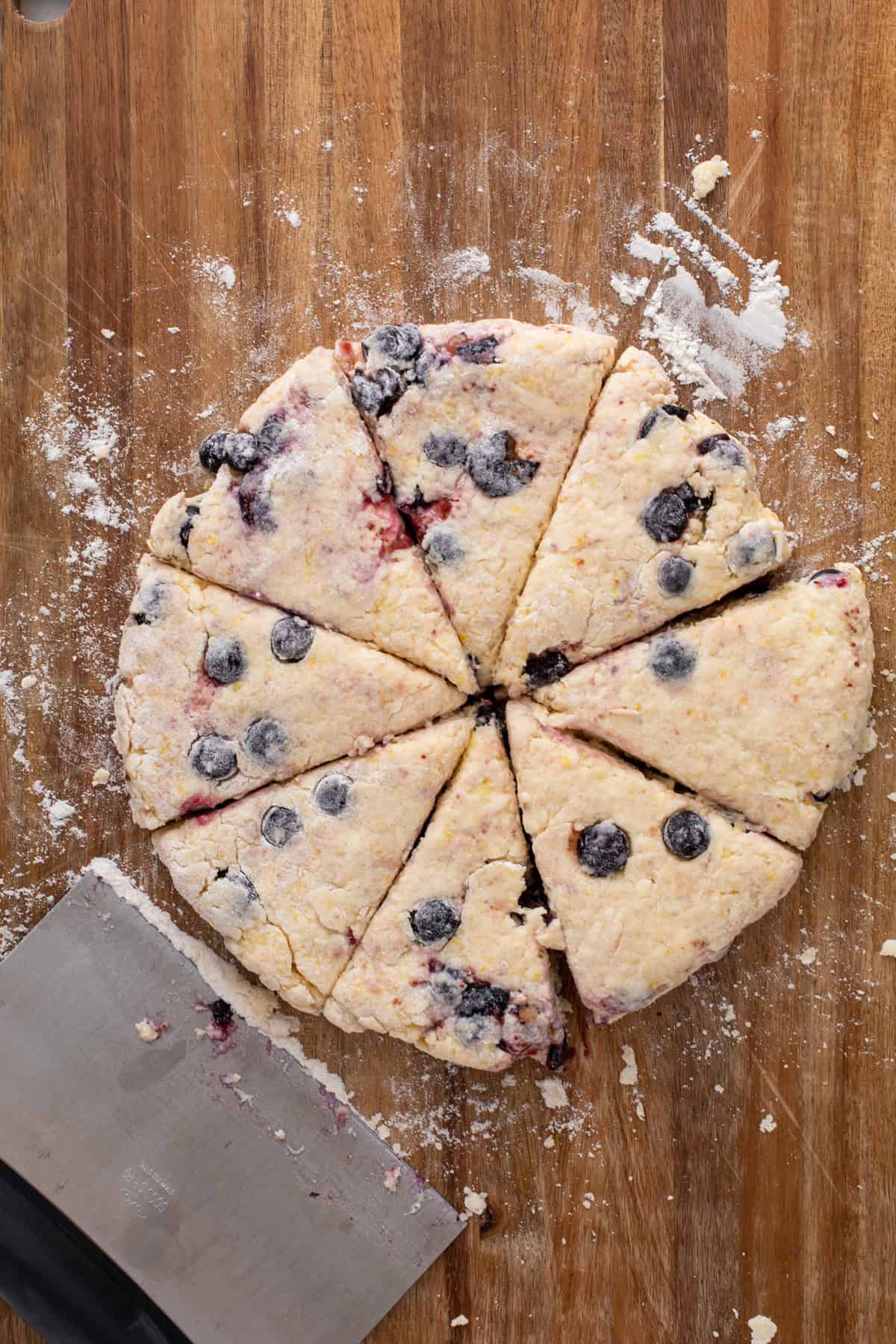 Lemon blueberry scone dough pressed into a disk and cut into 8 triangles on a floured board.
