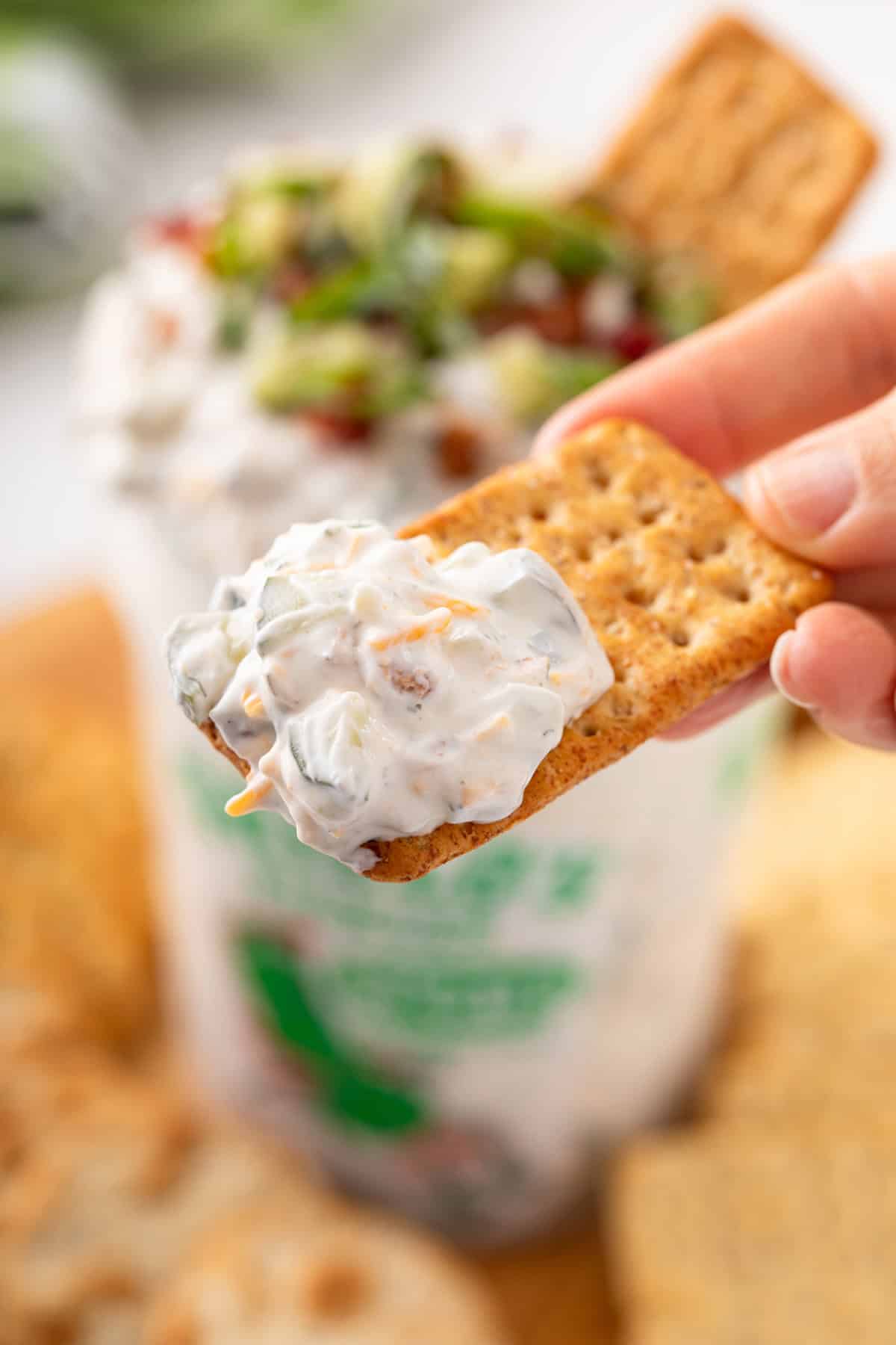 Hand holding up a cracker with pickle dip on it.