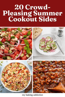 Pinterest of four cookout sides recipes: watermelon salad, cucumber salad, baked beans, and pasta salad. Text overlay includes post name.