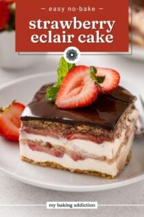 Close up view of a slice of eclair cake on a white plate. Text overlay includes recipe name.
