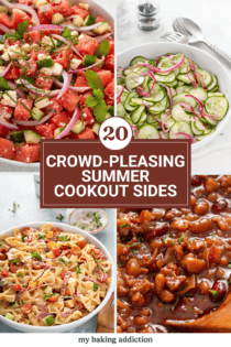 Pinterest of four cookout sides recipes: watermelon salad, cucumber salad, baked beans, and pasta salad. Text overlay includes post name.