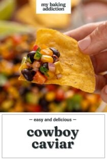 Hand holding up a tortilla chip with cowboy caviar on it. Text overlay includes recipe name.