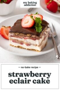 Slice of strawberry eclair cake garnished with fresh strawberries on a white plate. Text overlay includes recipe name.