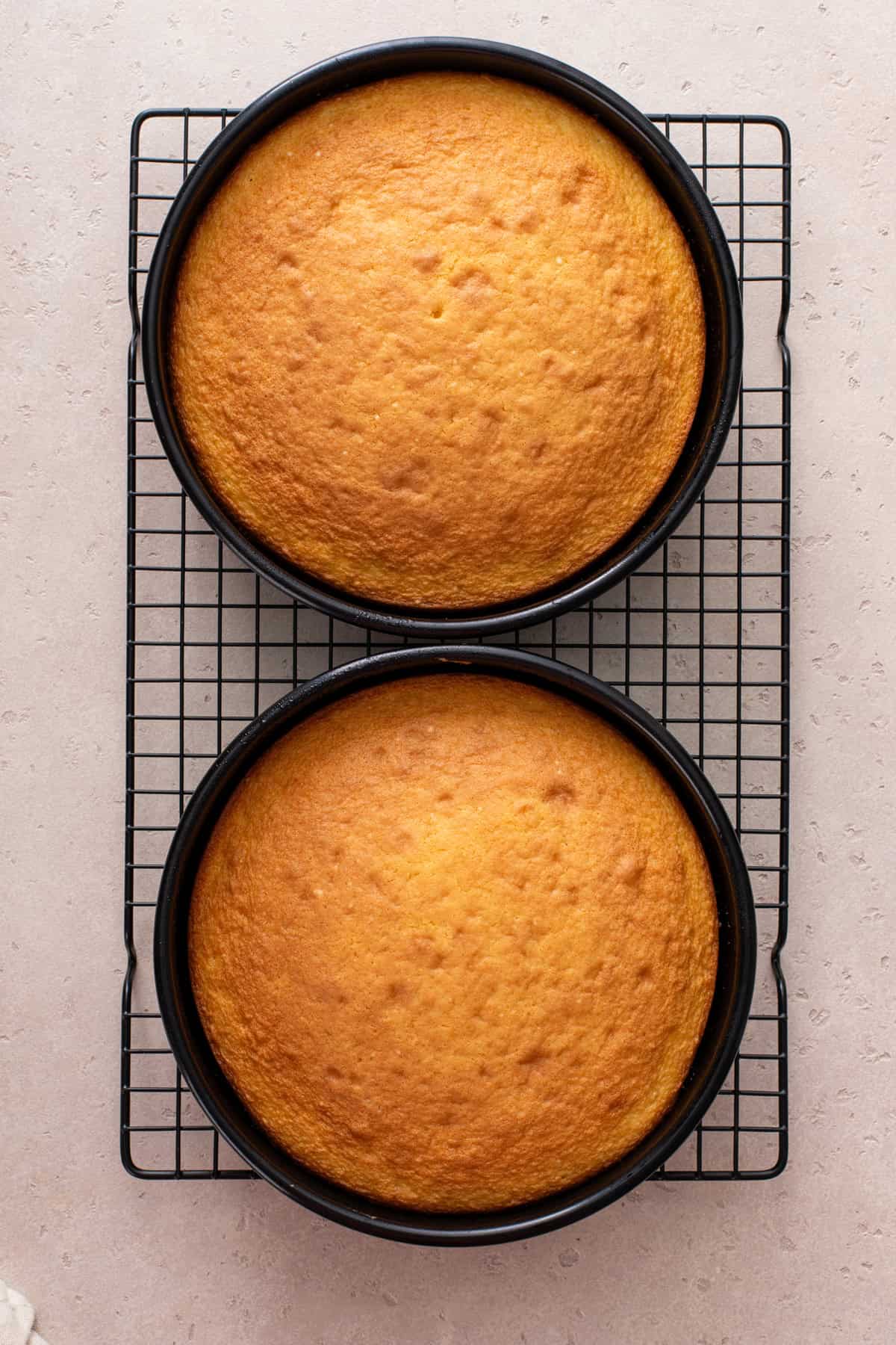 Two layers of butter cake cooling in cake pans on a wire rack.