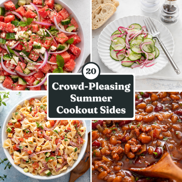 Square Landscape collage of four cookout sides recipes: watermelon salad, cucumber salad, baked beans, and pasta salad. Text overlay includes post name.