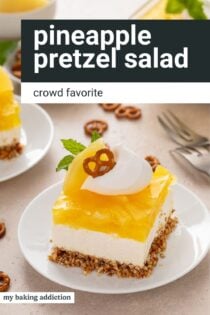White plate holding a slice of pineapple pretzel salad. Text overlay includes recipe name.