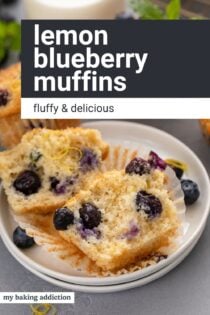 Halved lemon blueberry muffin laying on a white plate. Text overlay includes recipe name.