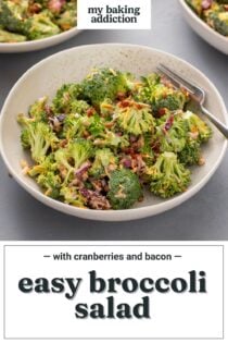 Broccoli cranberry salad with a fork in a small bowl. Text overlay includes recipe name.