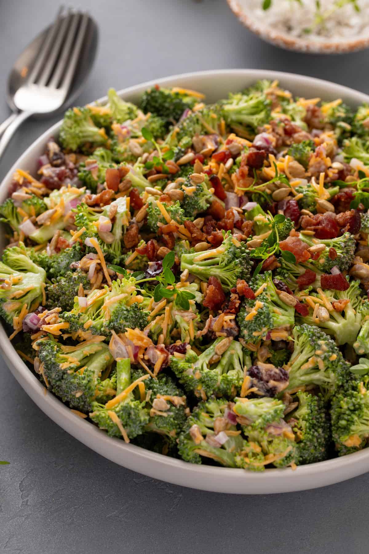Close up of broccoli cranberry salad in a large serving bowl.