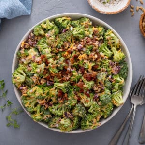 Overhead view of broccoli cranberry salad in a large serving bowl.